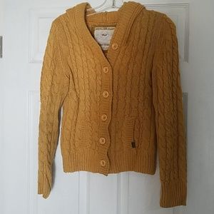 Mustard cable knit hooded cardigan